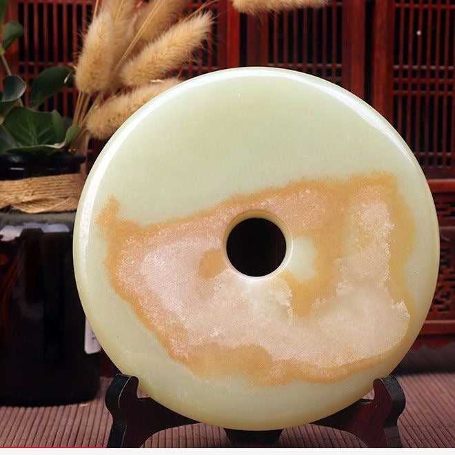 Pattern 40 Sage Honey Geode natural stone Chinese peace buckle bi-disc ornament 16 cm with wood display stand