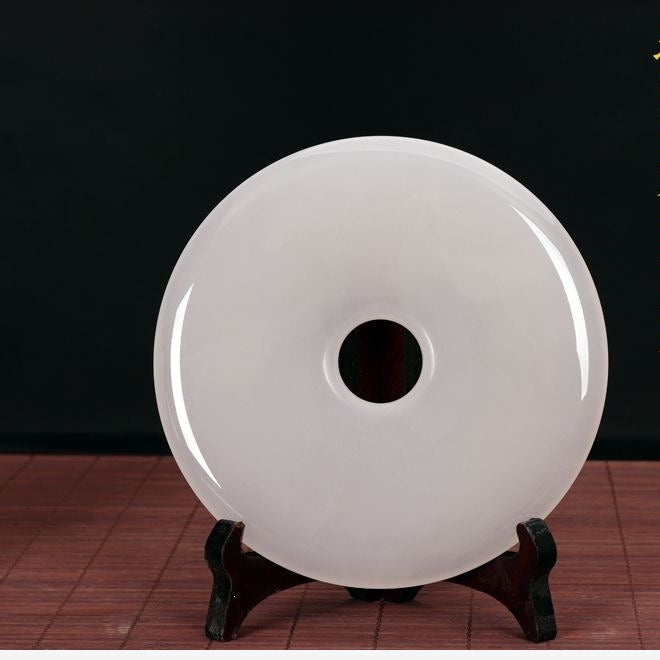 Pattern 41 Frost White natural stone Chinese peace buckle bi-disc ornament 16 cm with wood display stand