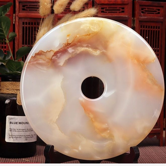 Pattern 42 Amber Swirl natural stone Chinese peace buckle bi-disc ornament 20 cm with wood display stand