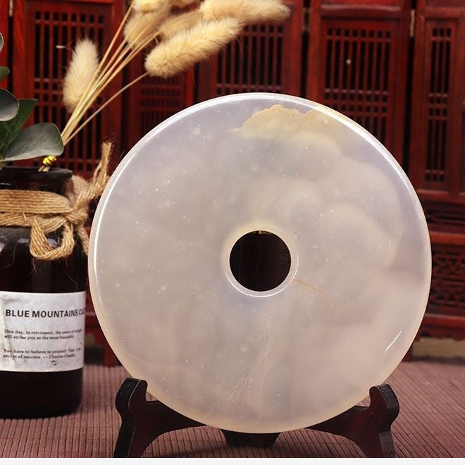 Pattern 43 Cloud Grey natural stone Chinese peace buckle bi-disc ornament 16 cm with wood display stand
