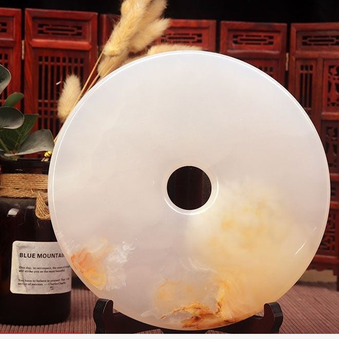 Pattern 44 Soft Golden Cloud natural stone Chinese peace buckle bi-disc ornament 18 cm with wood display stand