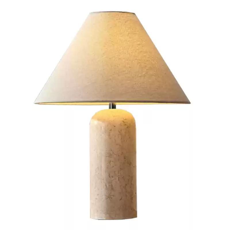 Natural travertine column lamp with beige linen cone shade product view
