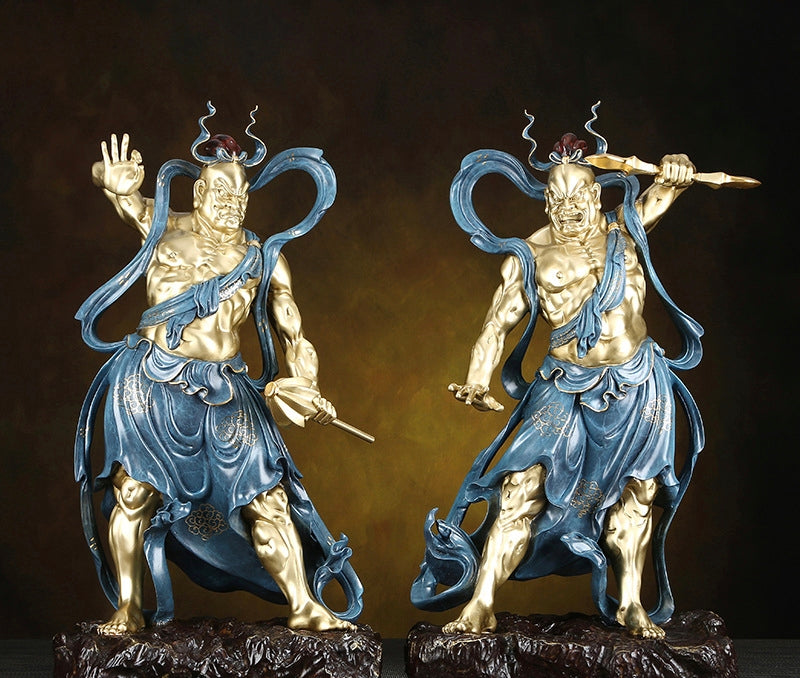 Ni-o temple guardian pair Renwang and Rikishi in antique blue and gold copper finish