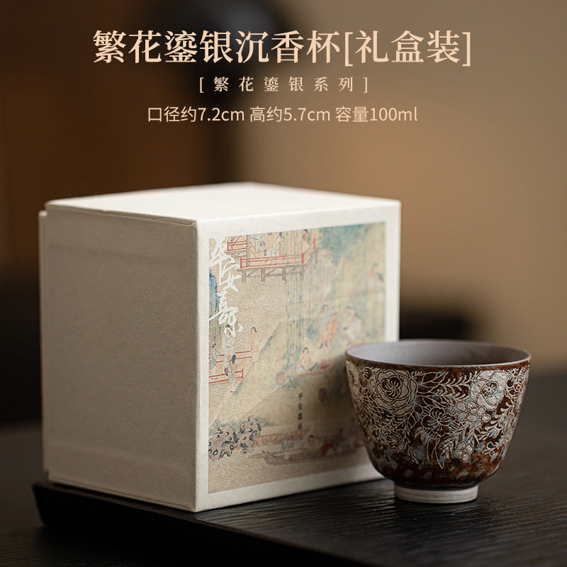 Floral silver-accent coarse ceramic tea cup with gift box