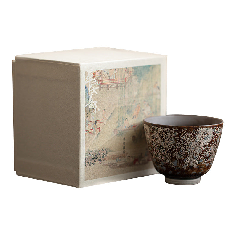Rustic brown floral silver-accent ceramic Gongfu tea cup presentation