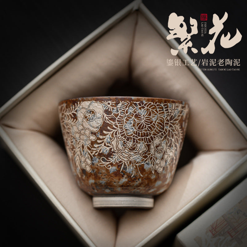 Floral silver-accent rustic ceramic tea cup in padded gift box