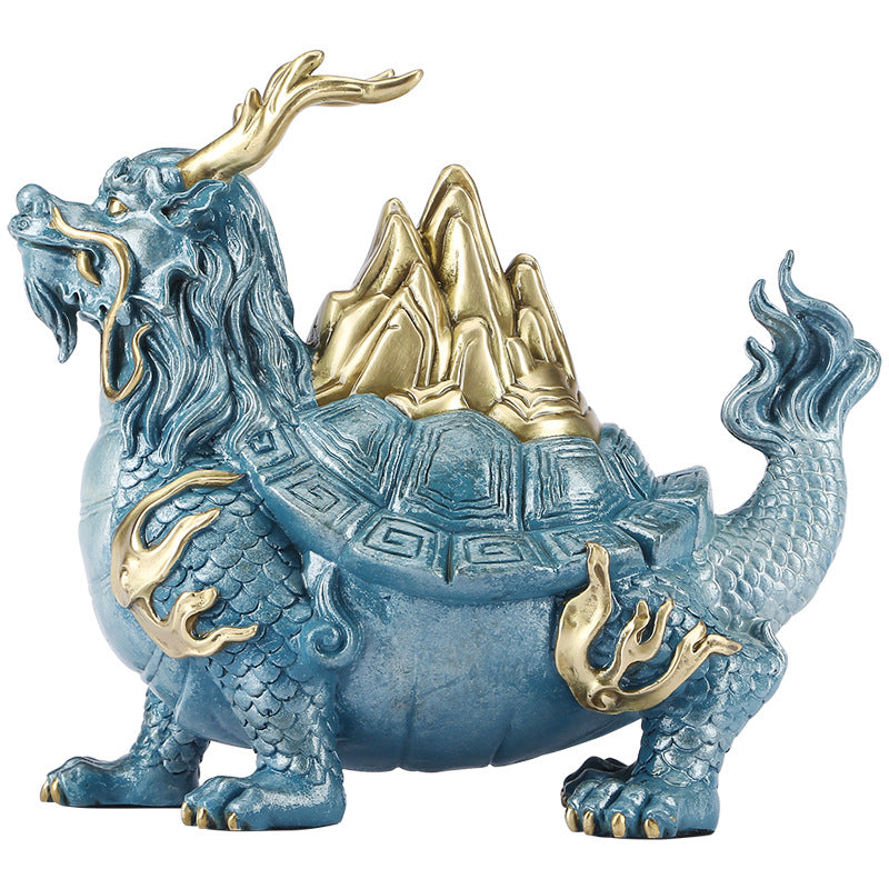 Antique blue and gold brass Dragon Turtle mountain feng shui sculpture