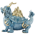 Antique blue and gold brass Dragon Turtle mountain feng shui sculpture