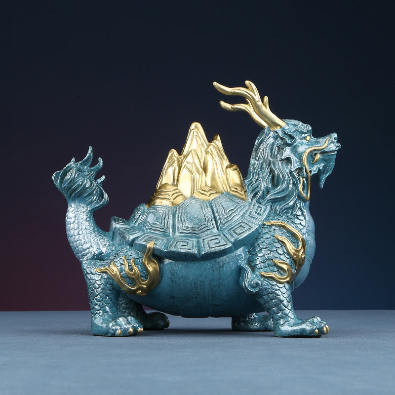 Brass Dragon Turtle sculpture side detail with mountain back