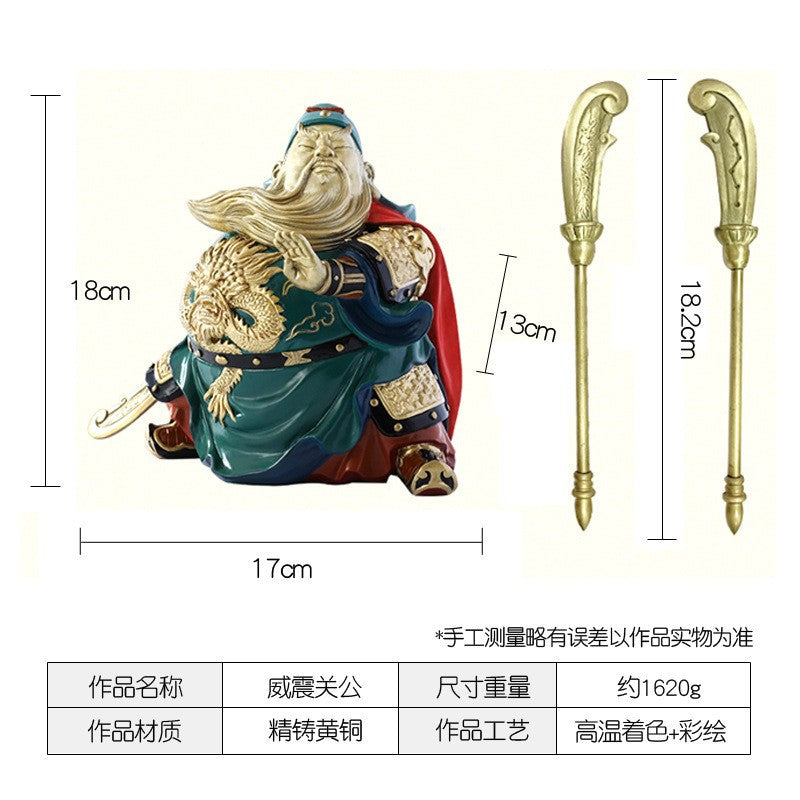 Painted brass Guan Yu Chinese warrior sculpture with green robe gold armour red cape and guandao