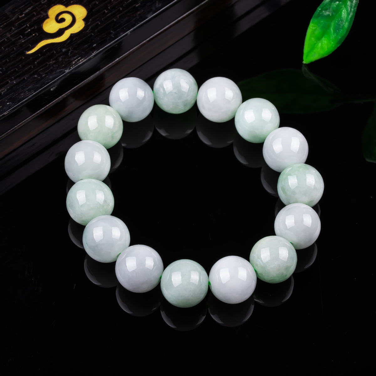 Certified Burmese jadeite 13 mm bead bracelet light green cloud pattern