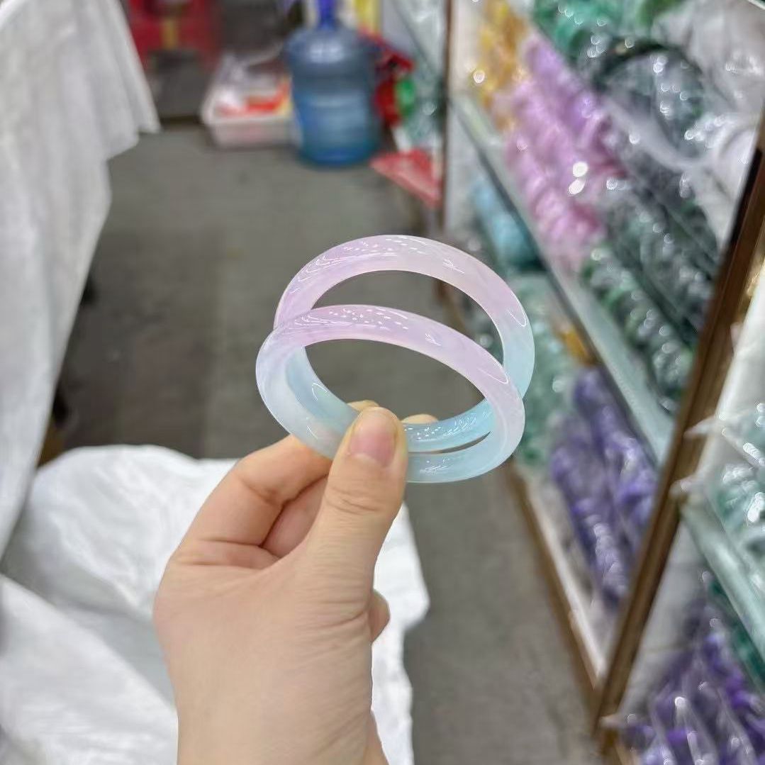 Pastel chalcedony bangles showing soft blue lavender and pink tones