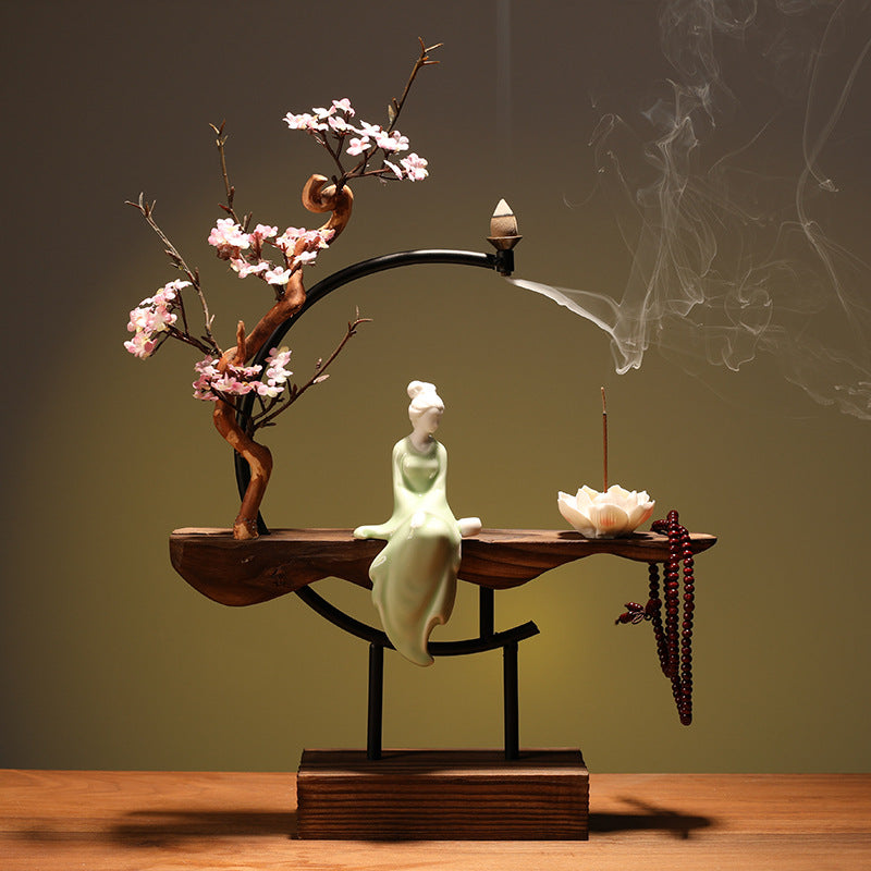 New Chinese peach blossom moon backflow incense burner with ceramic lady figure