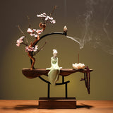 Peach Blossom Moon Backflow Incense Burner – New Chinese Zen Lady Sculpture & Tea Room Decor