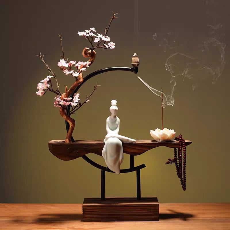 Peach blossom moon backflow incense burner with seated ceramic lady and lotus holder