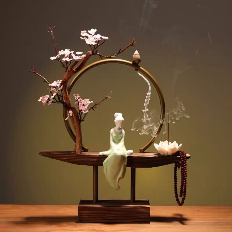 Peach blossom circular moon gate incense burner with flowing smoke