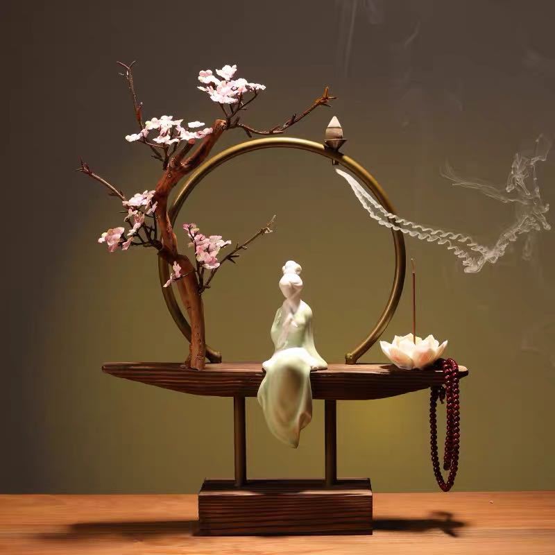 Chinese lady and peach blossom backflow incense burner with smoke waterfall effect