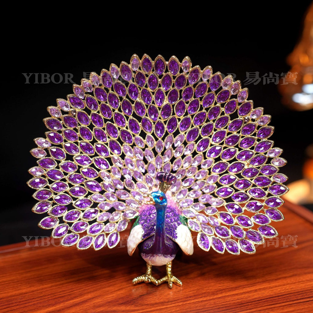 Purple jeweled crystal fan tail peacock trinket box ornament
