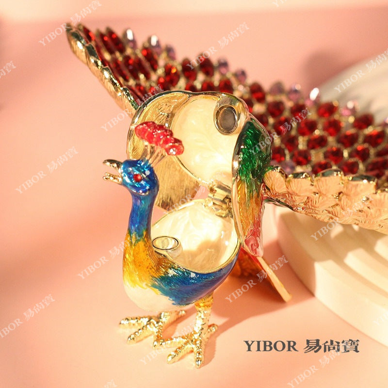 Red jeweled peacock trinket box with fan tail