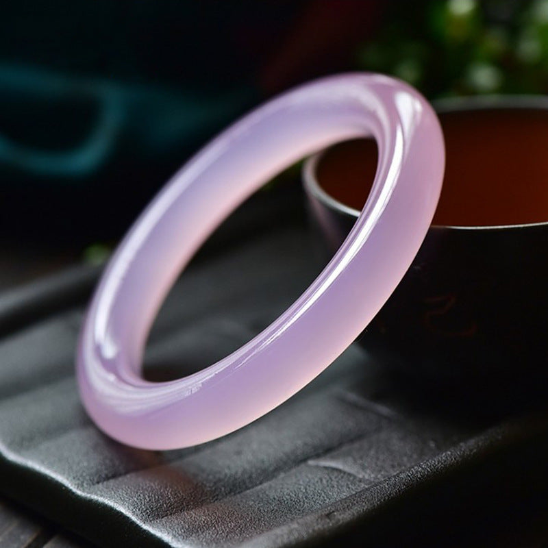 Certified pink chalcedony round bangle side profile