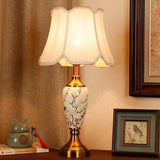 New Chinese Ink-Branch & Blue Bird Ceramic Table Lamp – Antique Brass-Tone Bedside Light with Linen, Pleated or Scalloped Shade for Bedroom & Living Room