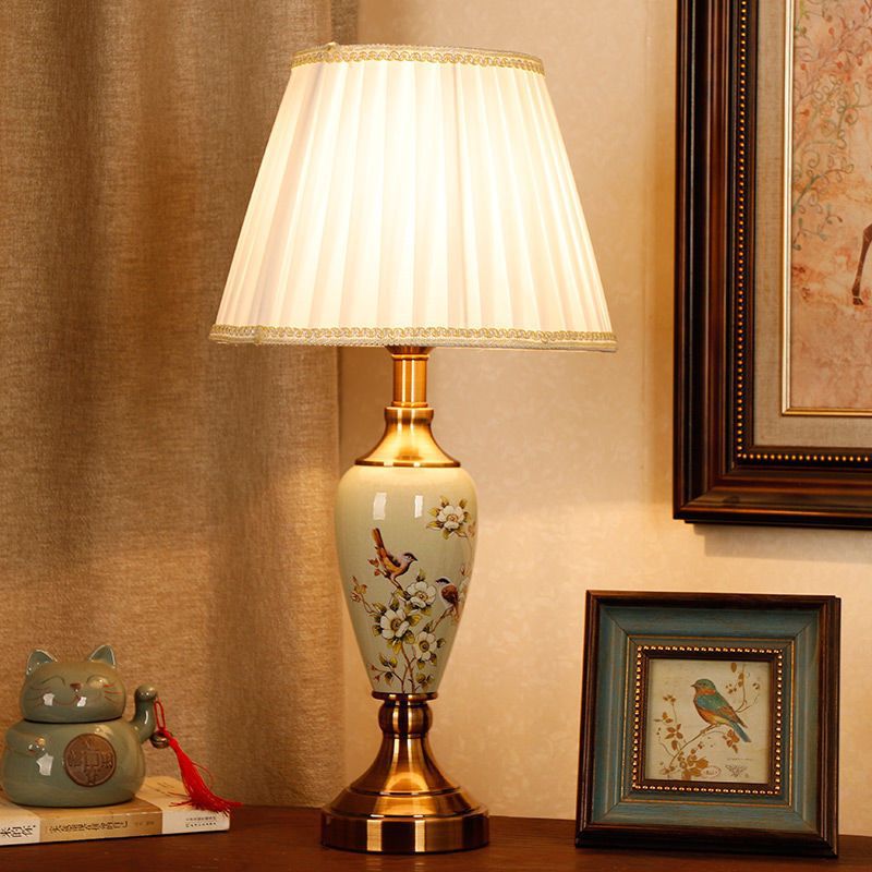 Plum blossom bird porcelain table lamp with pleated fabric shade