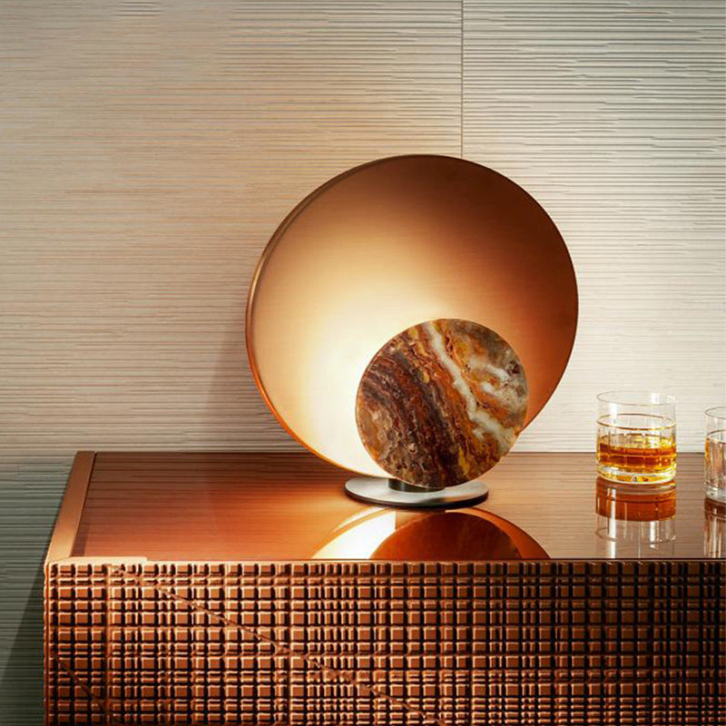 Postmodern halo disc table lamp with faux marble accent, sculptural ambient lighting view 1