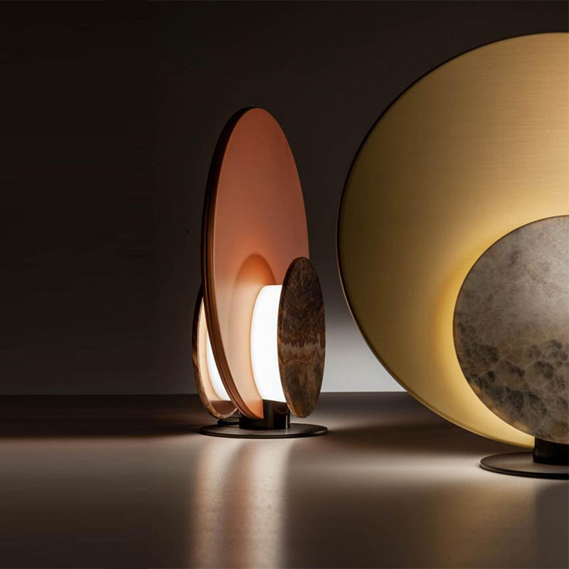 Postmodern halo disc table lamp with faux marble accent, sculptural ambient lighting view 2