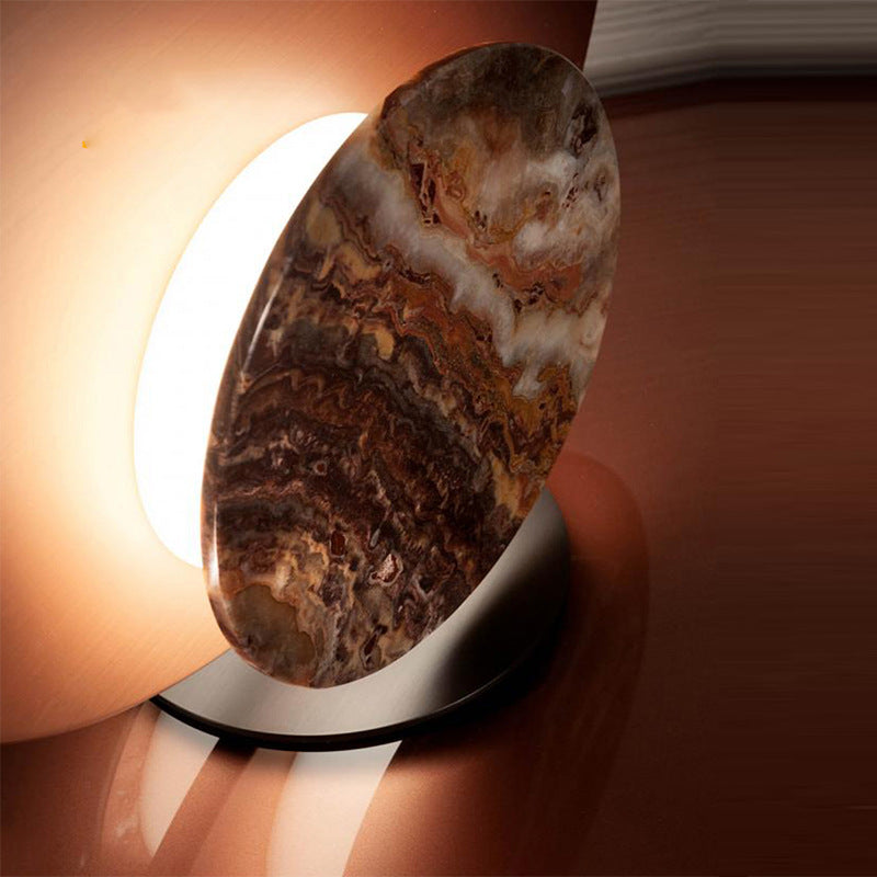 Postmodern halo disc table lamp with faux marble accent, sculptural ambient lighting view 3