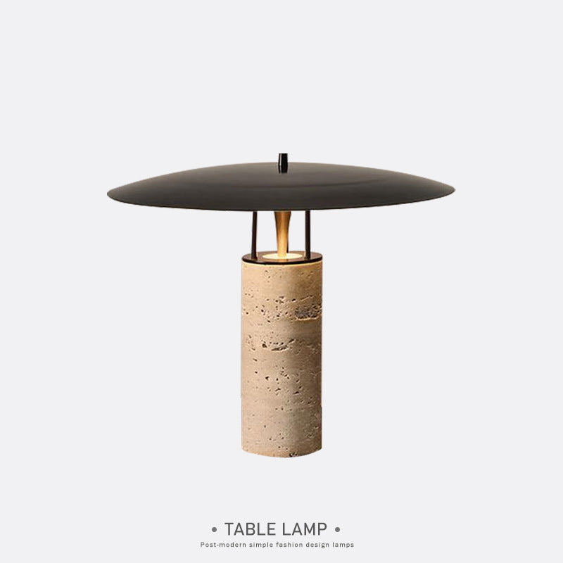 Postmodern travertine column table lamp with black disc shade front view