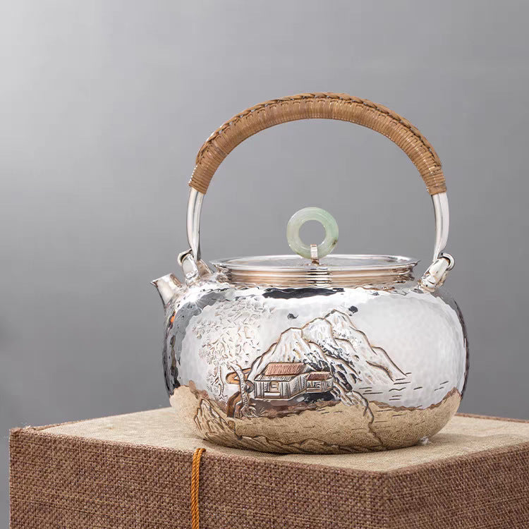 Handmade silver Chinese tea kettle view