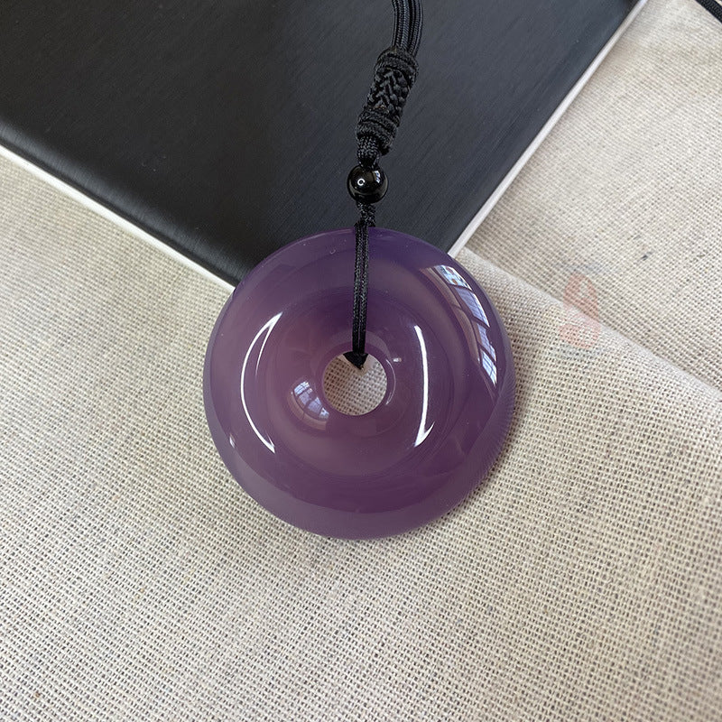 Purple chalcedony safety buckle necklace with coffee-color cord