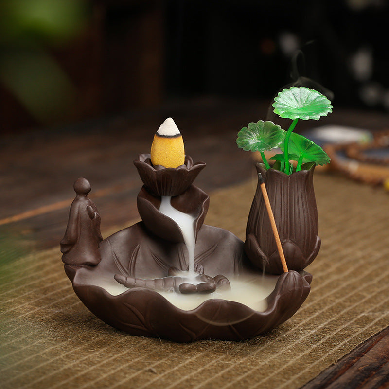 Lotus pond monk purple clay backflow incense burner with vase detail