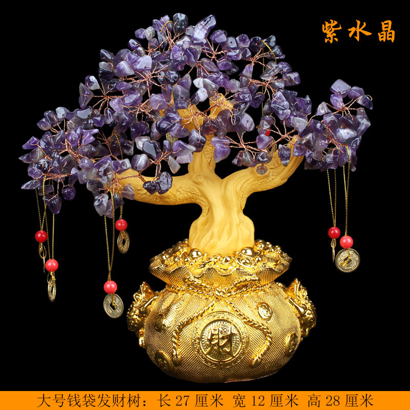 Purple crystal-chip money bag fortune tree with red beads and hanging coin charms for Chinese home office shop and gifting decor
