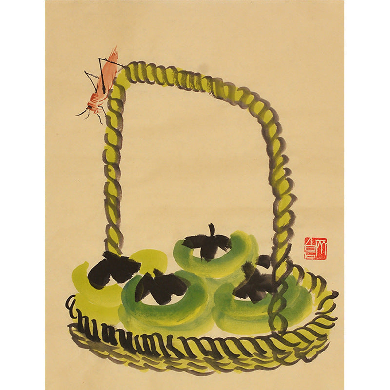 Hand-painted Chinese Qi Baishi inspired basket of green gourds painting, 35 x 45 cm vegetable still life xieyi wall art