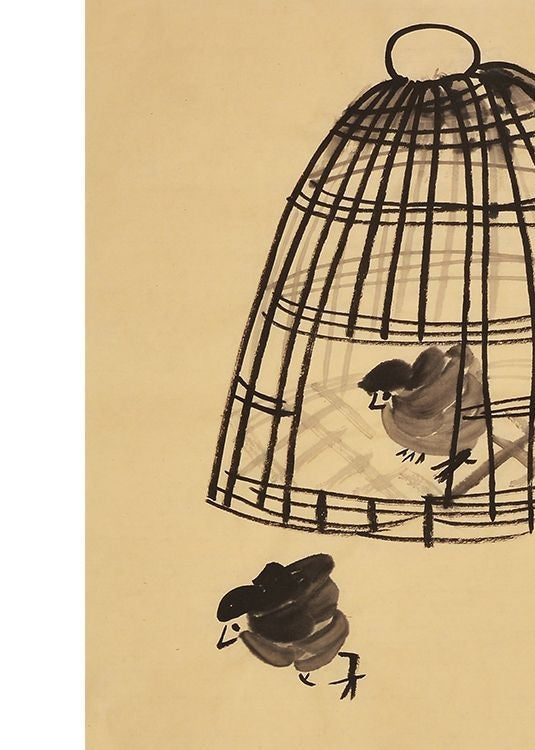 Qi Baishi inspired hand-painted Chinese bird in bamboo cage painting, 45 x 35 cm
