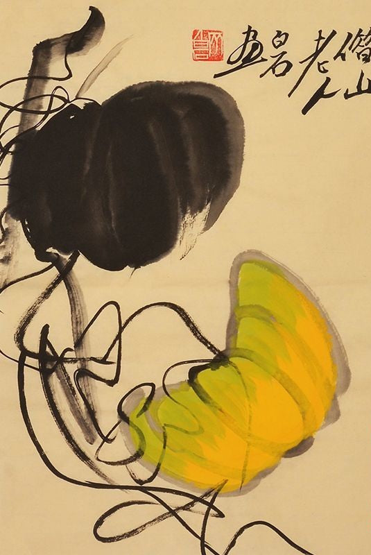 Qi Baishi inspired hand-painted Chinese black and golden gourds painting, 45 x 35 cm
