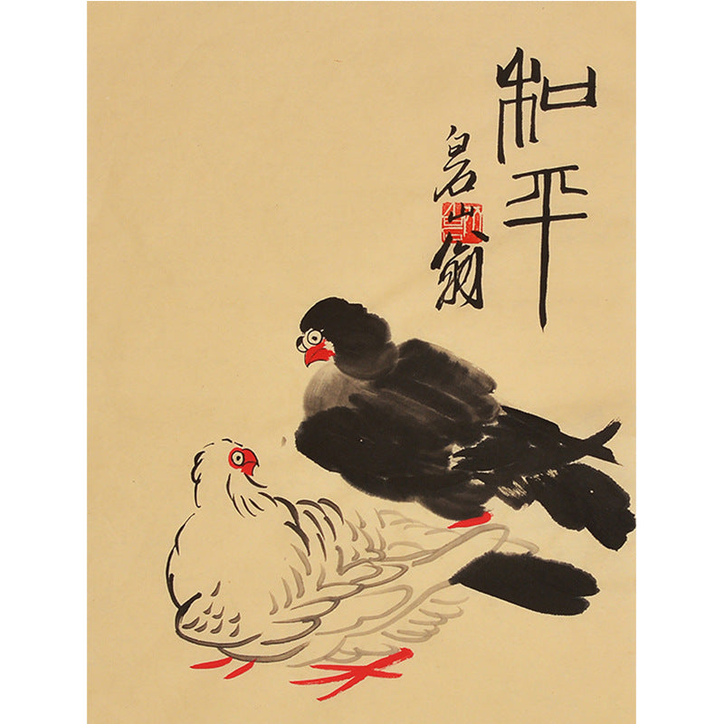 Hand-painted Chinese Qi Baishi inspired black and white chickens painting, 35 x 45 cm xieyi Chinese rooster and poultry wall art