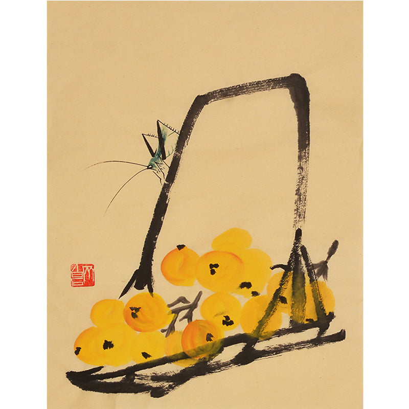 Hand-painted Chinese Qi Baishi inspired chicks beneath basket handle painting, 35 x 45 cm xieyi animal album leaf wall art