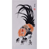 Hand-Painted Chinese Qi Baishi Inspired Painting Collection – Daji Rooster & Chicks, Cabbage & Fish, Ink Lotus Waterfowl & Auspicious Still Life, 4 Artworks