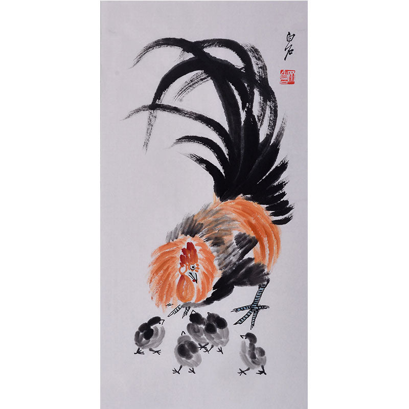 Qi Baishi inspired hand-painted Chinese Daji rooster with four chicks, auspicious rooster figure and bird painting