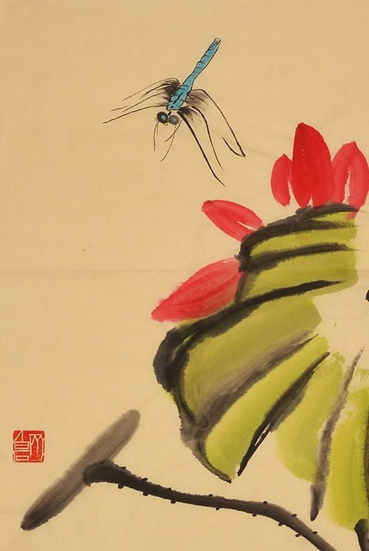 Qi Baishi inspired hand-painted Chinese dragonfly and red lotus painting, 45 x 35 cm