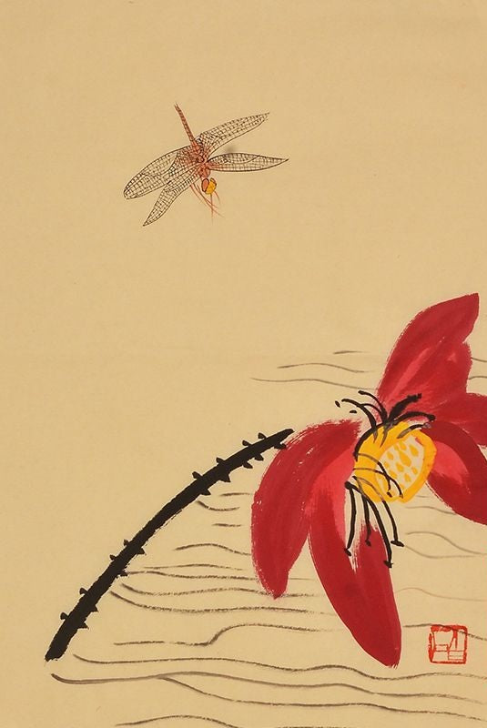 Qi Baishi inspired hand-painted Chinese dragonfly over red lotus pond painting, 45 x 35 cm