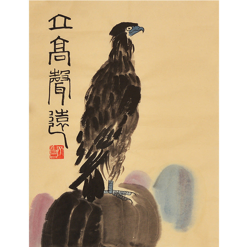 Hand-painted Chinese Qi Baishi inspired eagle on rock painting, 35 x 45 cm xieyi bird and animal wall art