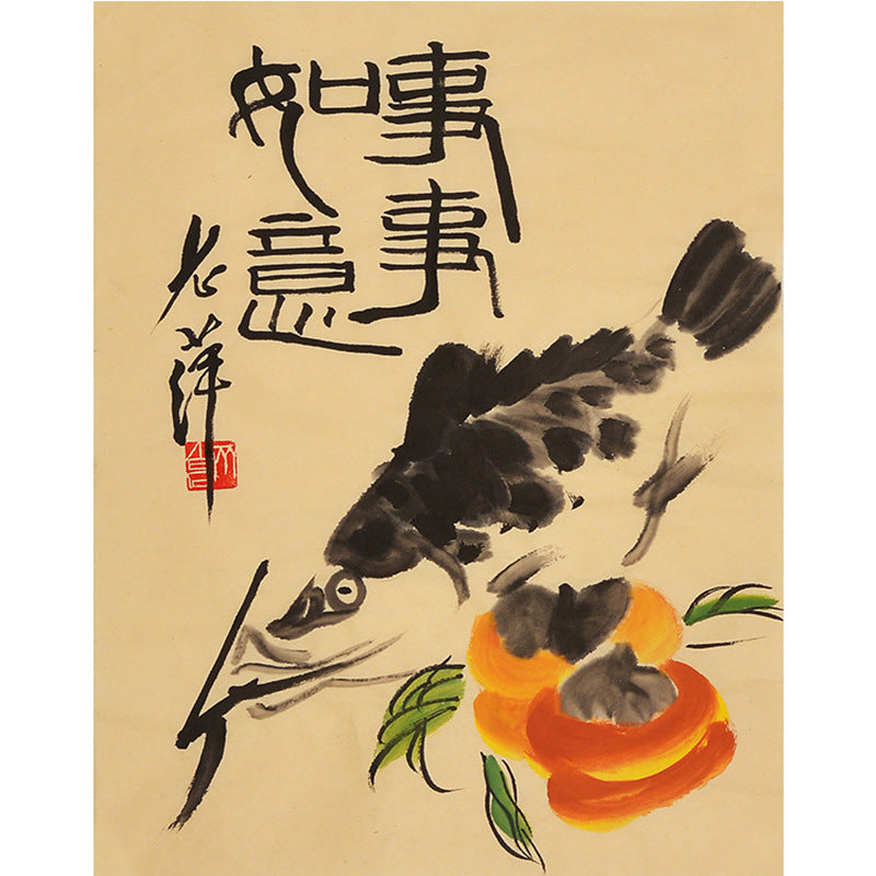 Hand-painted Chinese Qi Baishi inspired fish and persimmons painting, 35 x 45 cm xieyi fruit and fish Chinese wall art