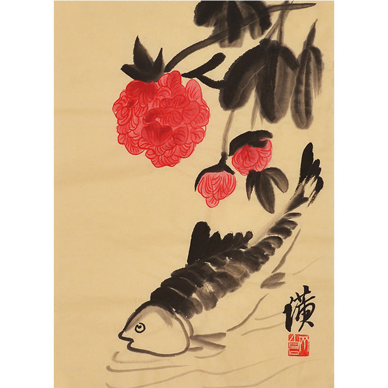 Hand-painted Chinese Qi Baishi inspired fish beneath red blossoms painting, 35 x 45 cm xieyi flower and fish wall art