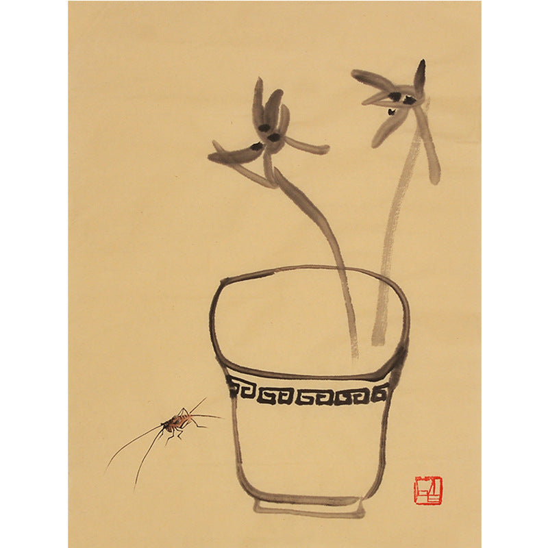 Hand-painted Chinese Qi Baishi inspired flower pot, dragonflies and cricket painting, 35 x 45 cm xieyi grass-insect wall art