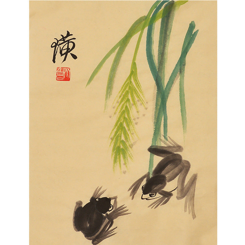Hand-painted Chinese Qi Baishi inspired frogs among reeds painting, 35 x 45 cm xieyi animal and botanical album leaf wall art