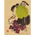 Hand-painted Chinese Qi Baishi inspired green gourd, grapes and insect painting, 35 x 45 cm xieyi album leaf wall art