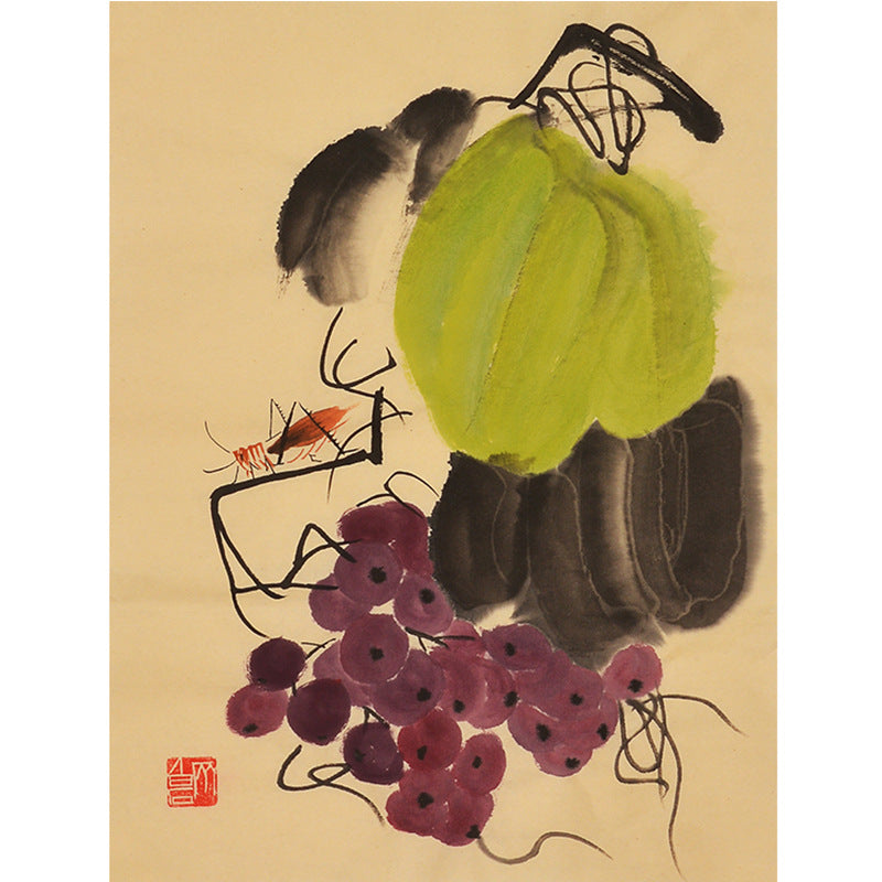 Hand-painted Chinese Qi Baishi inspired green gourd, grapes and insect painting, 35 x 45 cm xieyi album leaf wall art